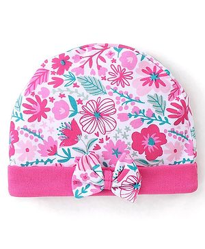 Babyhug 100% Cotton Knit Cap Floral Printed with Bow Applique- Pink
