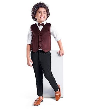 Babyhug Full Sleeves Velvet Party Suit with Bow Solid & Polka Dot Print - White & Maroon