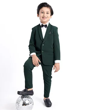 Babyhug Woven Full Sleeves Three Pieces Solid Colour Party Suit With Bow - Green & White