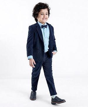 Babyhug Woven Full Sleeves Three Piece Solid Colour Party Suit with Bow - Navy Blue & Light Blue