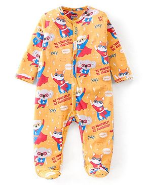 Babyhug Cotton Knit Full Sleeves Super Hero Printed Footed Sleep Suit - Yellow