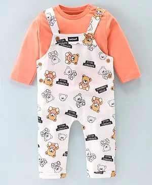 WOW Clothes 100% Cotton Knit Dungarees With Full Sleeves T-Shirt Teddy Print - White & Peach