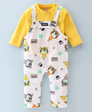 Wow Clothes Cotton Knit Dungaree and Full Sleeves T-Shirt Set Tiger Print - Yellow & Off White