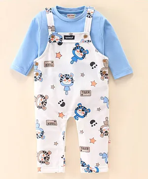 Wow Clothes Cotton Knit Dungaree and Full Sleeves T-Shirt Set Tiger Print - Light Blue & Off White
