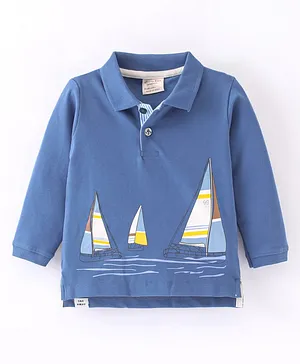 Ollypop Cotton Sinker Knit Full Sleeves Polo T-Shirt Boat Print - Blue