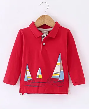 Ollypop Cotton Sinker Knit Full Sleeves Polo T-Shirt Boat Print - Red