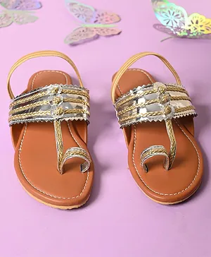 LIL PITAARA Lace Embellished  Kolhapuri Sandals - Tan