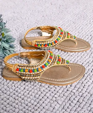 LIL PITAARA Beads Embellished Zari Sandals - Gold
