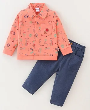 WOW Clothes Cotton Full Sleeves  Shirt & & Pant Set Lion Print - Off Peach & Blue