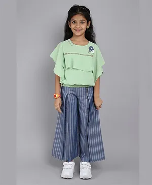 Little Angels  Half Frill Sleeves Floral Applique Solid Top And Striped Designed Palazzo - Green