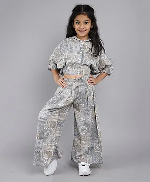 Little Angels Three Fourth Sleeves Blocks Design Printed Coordination Top & Palazzo Set - Grey