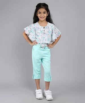 Little Angels Half Flutter Sleeves Water Colour Effect Leaves Printed Top & Pant - Sea Green