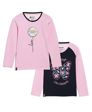 3PIN  Pack Of 2 Full Sleeves Flower & Butterfly Printed Tee - Pink & Navy Blue
