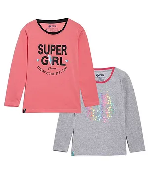 3PIN  Pack Of 2 Full Sleeves Super Girl Text Printed & Shimmer Star Design Tee - Peach & Grey