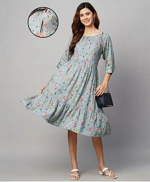 MomToBe Three Fourth Sleeves Floral Printed With Concealed Zipper Nursing Access Maternity Dress  - Blue