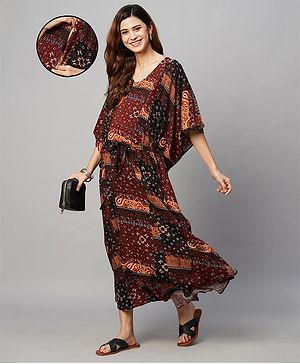 MomToBe Half Sleeves Seamless  Abstract Printed  Feeding Kaftan Dress - Maroon