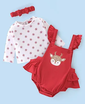 Babyhug 100% Cotton Knit Reindeer Printed Frock Style Onesie with Full Sleeves Inner Tee & Headband - Red
