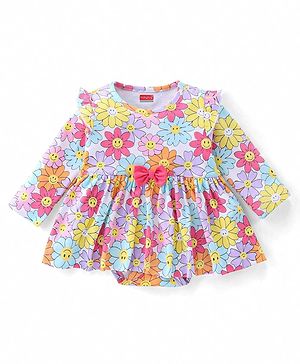 Babyhug 100% Cotton Knit Full Sleeves Onesie Floral Printed - Multicolour