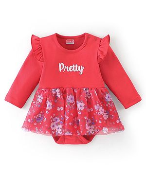 Babyhug 100% Cotton Knit Full Sleeves Frock Style Onesie With Floral & Text Print - Red
