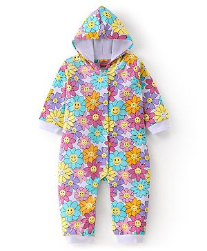 Babyhug 100% Cotton Knit Full Sleeves Hooded Romper with Floral Print - Multicolour