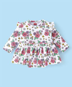 Babyhug 100% Cotton Knit Full Sleeves Floral Printed Frock Style Onesie  - White