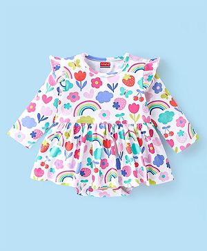Babyhug 100% Cotton Knit Full Sleeves Floral Printed Frock Style Onesie  - Multicolour