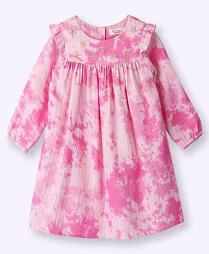 Beebay Full Sleeves Frill Detailed Tie Dye & Glitter Floral Embroidered Dress - Pink