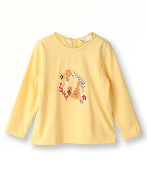 Beebay Full Sleeves Placement Floral & Fox Embroidered Tee - Yellow