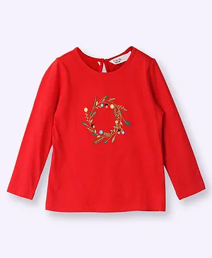 Beebay Full Sleeves  Floral Embroidered Tee - Red