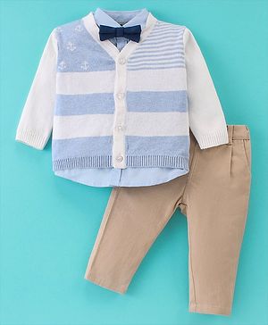 ToffyHouse Cotton Woven Shirt & Bottom Set with Flat Knit Sweater Stripe Design - Khaki