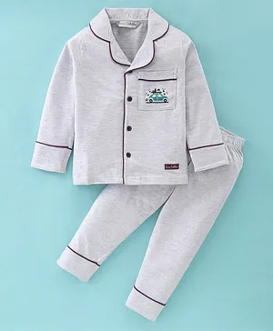 CUCUMBER Cotton Sinker Full Sleeves Striped & Car Embroidery Night Suit - White