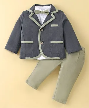 ToffyHouse Cotton Woven Full Sleeves  Printed Shirt & Trouser Set with Coat & Bow Tie - Earthen Green