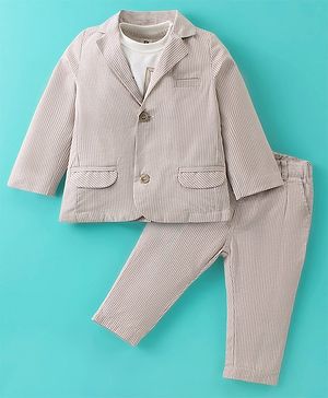 ToffyHouse Full Sleeves T-Shirt & Pant With Blazer Set Striped - Khaki