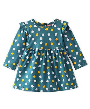Babyhug 100% Cotton Knit Full Sleeves Frock with Polka Dot Print - Multicolor
