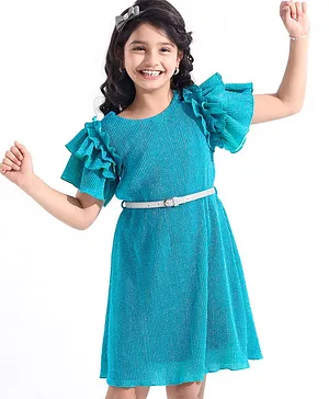 Hola Bonita Party Wear Layered Sleeves  Glitter Frock Solid Colour - Blue