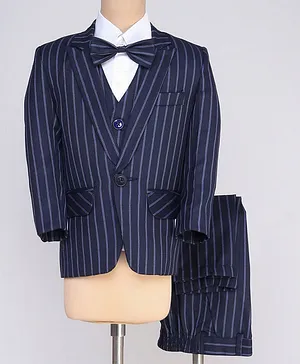 Jeet Ethnics Full Sleeves Double Striped 5 Piece Coordinating Coat Suit Set - Navy Blue