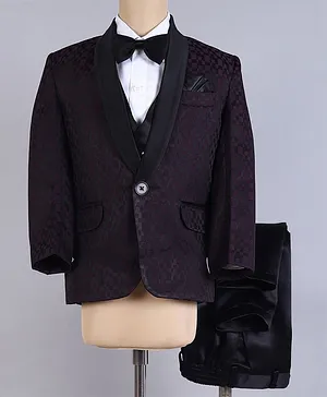 Jeet Ethnics Full Sleeves Checkered 5 Piece Shawl Collared Coat Suit Set - Wine Purple