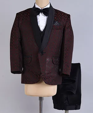 Jeet Ethnics Full Sleeves Checkered 5 Piece Shawl Collared Coat Suit Set - Maroon