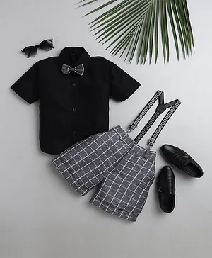 Jeet Ethnics Half Sleeves 4 Piece Solid Shirt & Checked Shorts With Suspenders & Bow - Grey