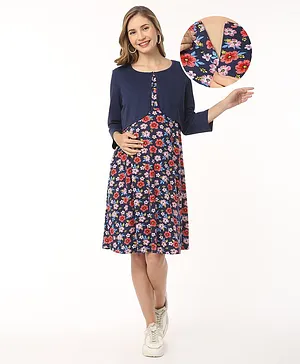 Bella Mama Cotton Knit Floral Printed Maternity Dress with Three Fourth Sleeves Shrug - Navy Blue