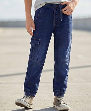 Pine Kids Full Length Jogger Fit Cut & Sew Elasticated Waist Solid Color Denim Jeans - Blue