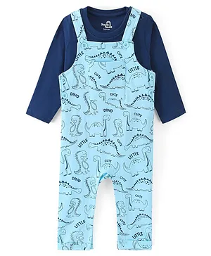 Doodle Poodle 100% Cotton Dungaree with Full Sleeves T-Shirt Dino Print - Navy Blue