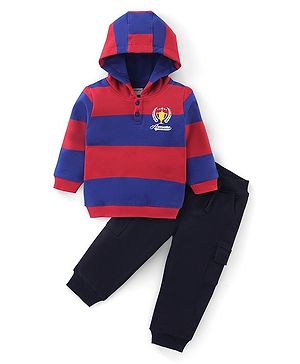Babyhug 100% Cotton Knit Full Sleeves Hooded T-Shirt and Lounge Pant Set Stripes & Trophy Print - Blue & Red
