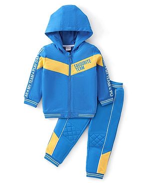 Babyhug 100% Cotton Knit Full Sleeves Hooded T-Shirt and Lounge Pant Set Solid Colour Block & Text Print -  Blue