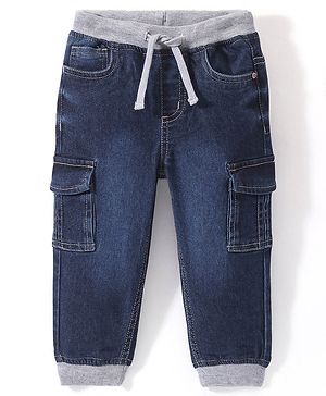 Babyhug Denim Full Length Jogger With Stretch Solid Colour - Dark Blue