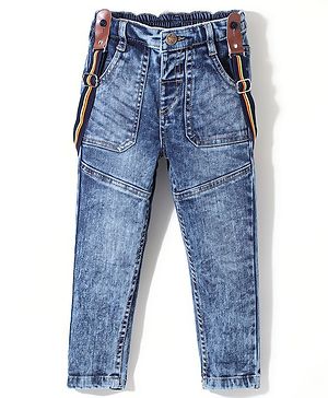 Babyhug DENIM Washed Full Length Jeans With Stretch & Suspender - Blue