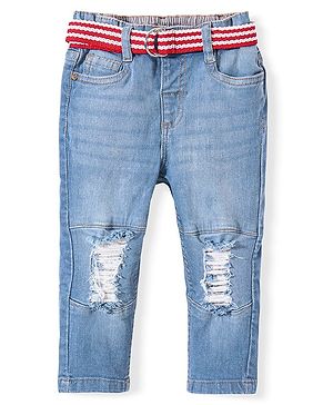 Babyhug Denim Full Length with Stretch Washed Distressed Jeans Solid Colour-  Blue