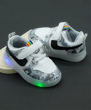 FEETWELL SHOES Comic Slang Theme Printed Velcro Closure LED  Shoes - White & Grey
