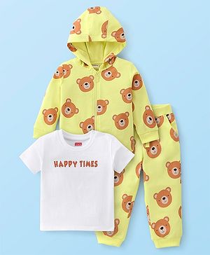 Babyhug 100% Cotton Knit Full Sleeves Jacket with T-Shirt & Lounge Pant Bear Print - Light Green