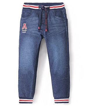 Babyhug Cotton Denim Full Length Solid Joggers With Stretch - Blue